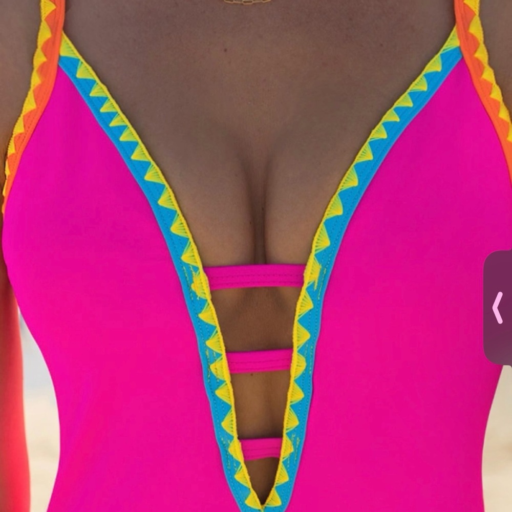 Pink and Yellow One Piece Swimsuit with Geometric Trim